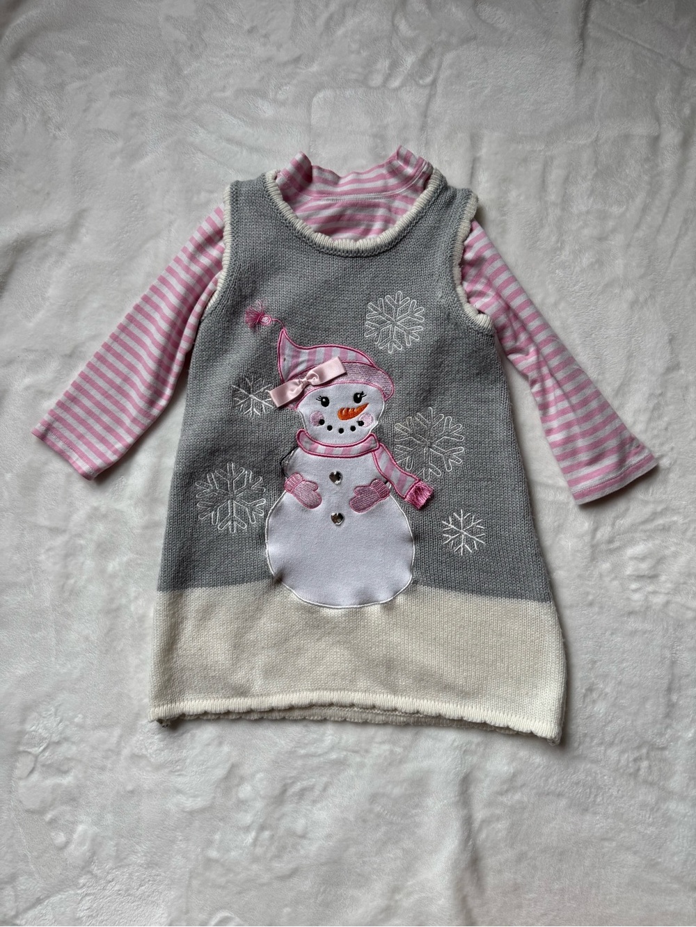 Bonnie Jean Pink & Gray Snowman Dress Set